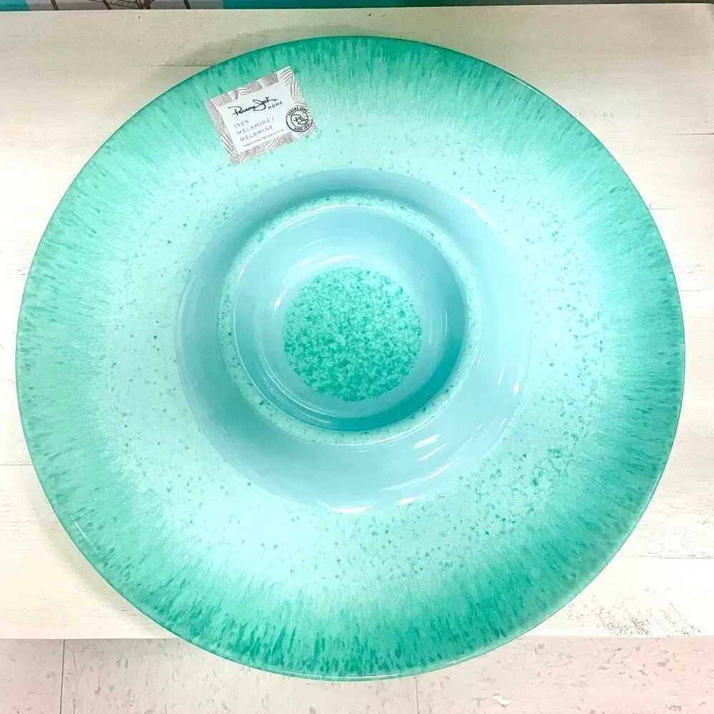 NWT Panama Jack Home Big Green Swirl Melamine Serving Tray Chip & Dip Platter